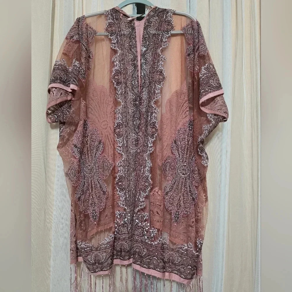 David & Young Sheer Burnout Blush Pink Mandala Print Kimono w/ Tassels, EUC!